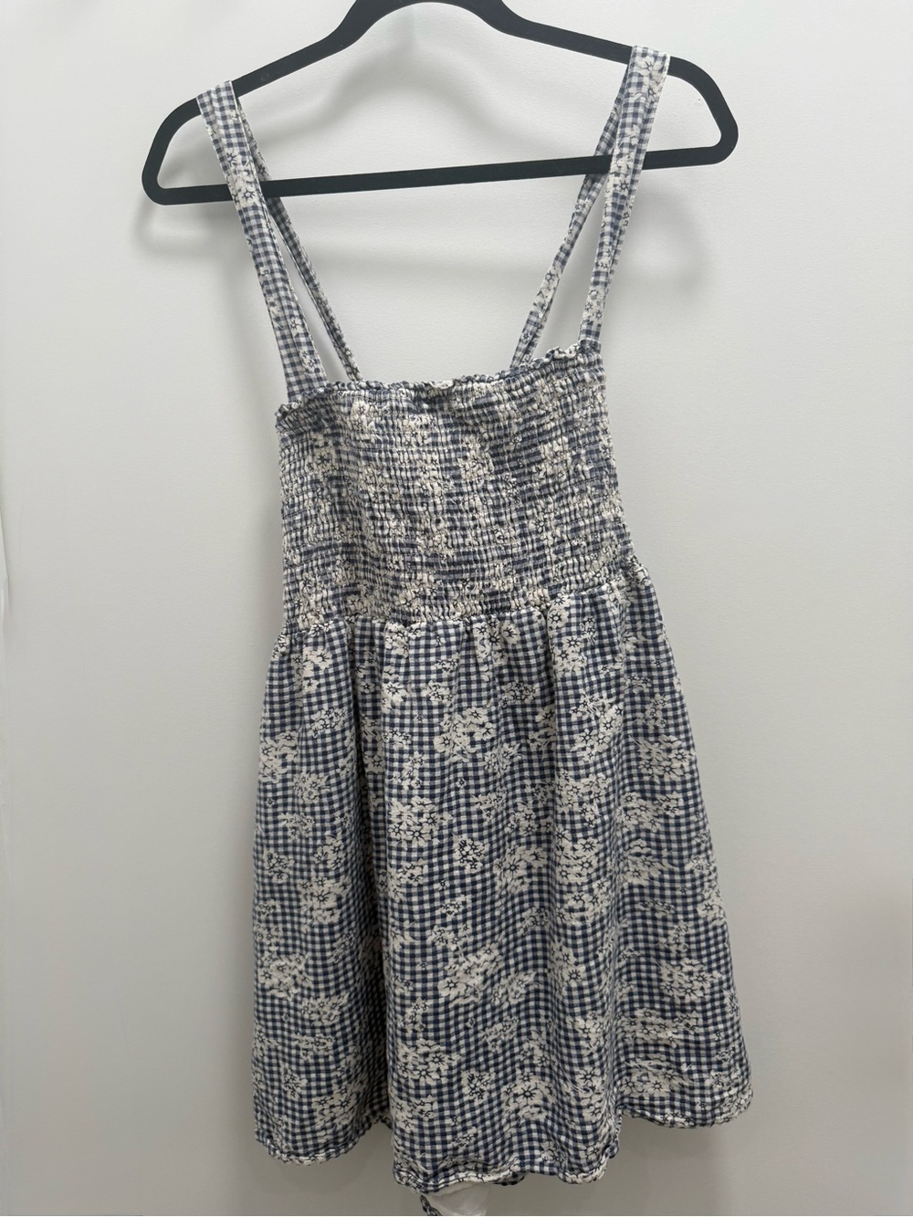 American Eagle Outfitters Blue and White Gingham Floral Smocked Mini Dress